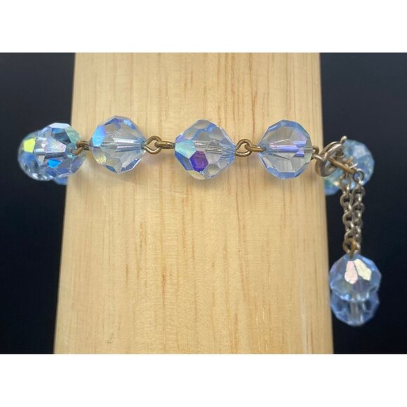 Vintage AB Blue Crystal Bead Bracelet Gold-Tone Chain 7.5" Spring Ring Dangle - Picture 3 of 8